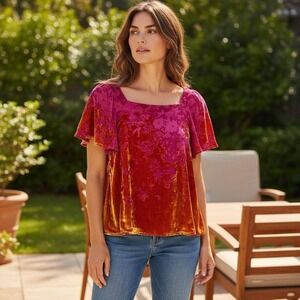 Anthropologie Maeve Velvet Burnout Blouse XS Pink‎ Gold Floral Sheer Silk Blend